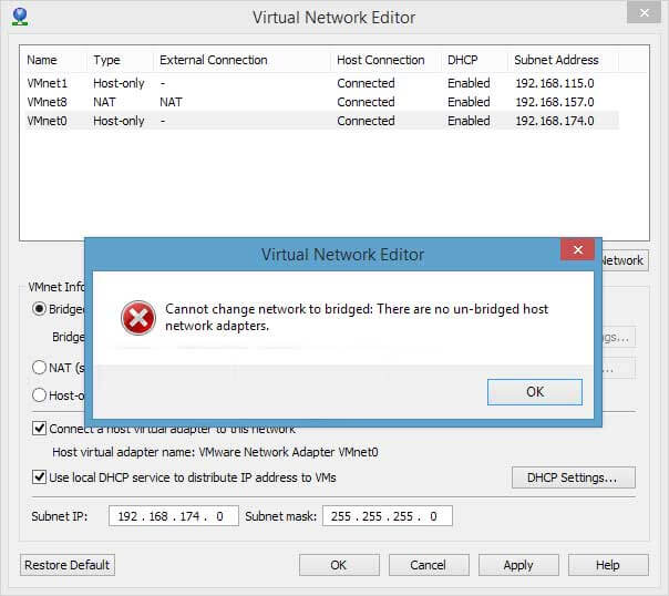 vmware cannot change network to bridged